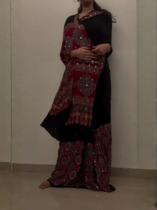 Mahira Red Ajrakh Saree along real mirrors with unstitched blouse
