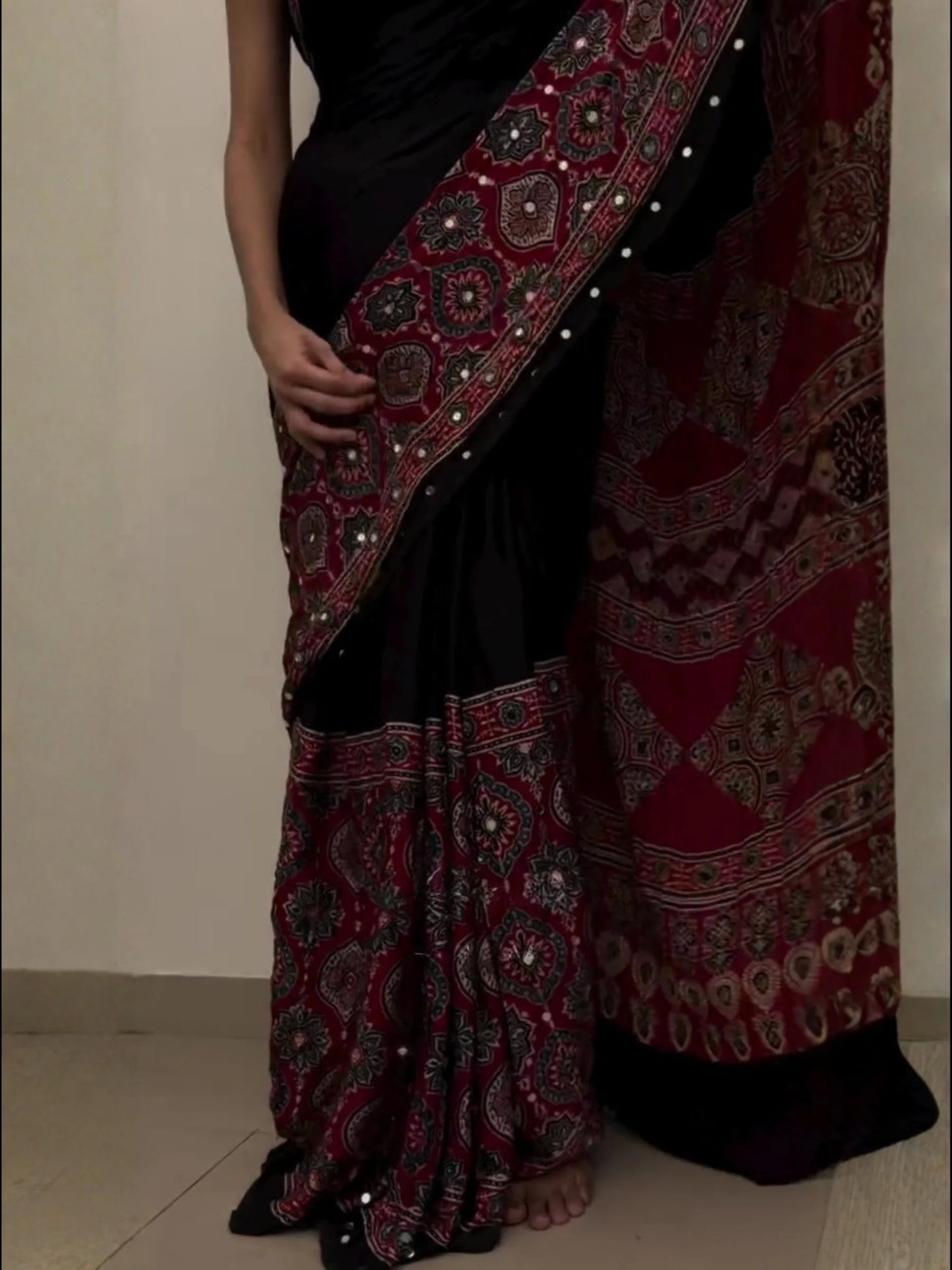 Mahira Red Ajrakh Saree along real mirrors with unstitched blouse