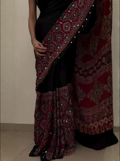Mahira Red Ajrakh Saree along real mirrors with unstitched blouse