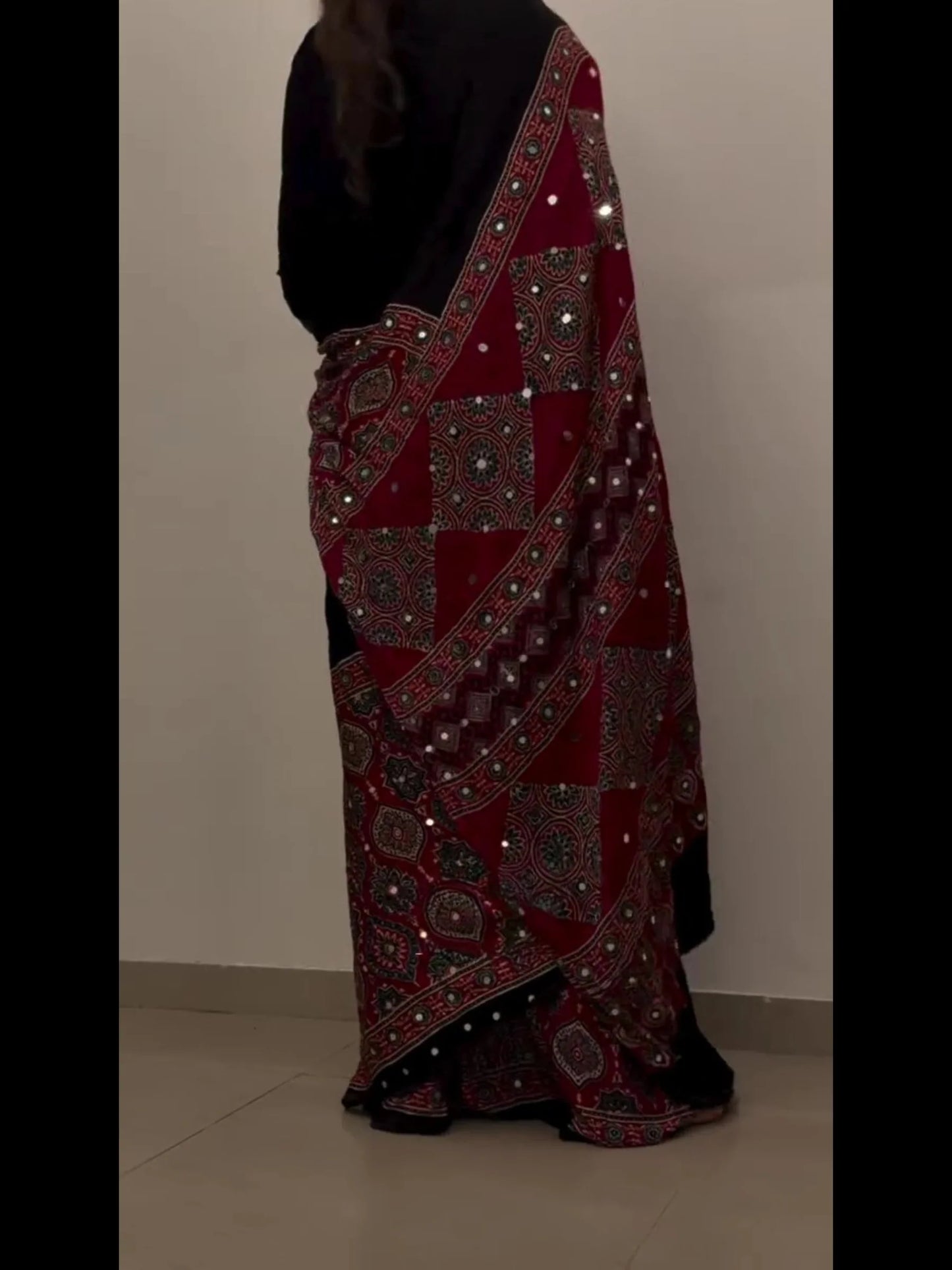 Mahira Red Ajrakh Saree along real mirrors with unstitched blouse
