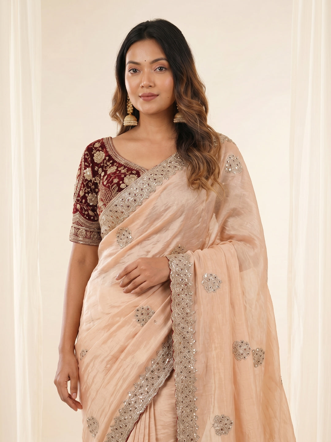 new launching c pallu embroidery work with sequences and cut work border
