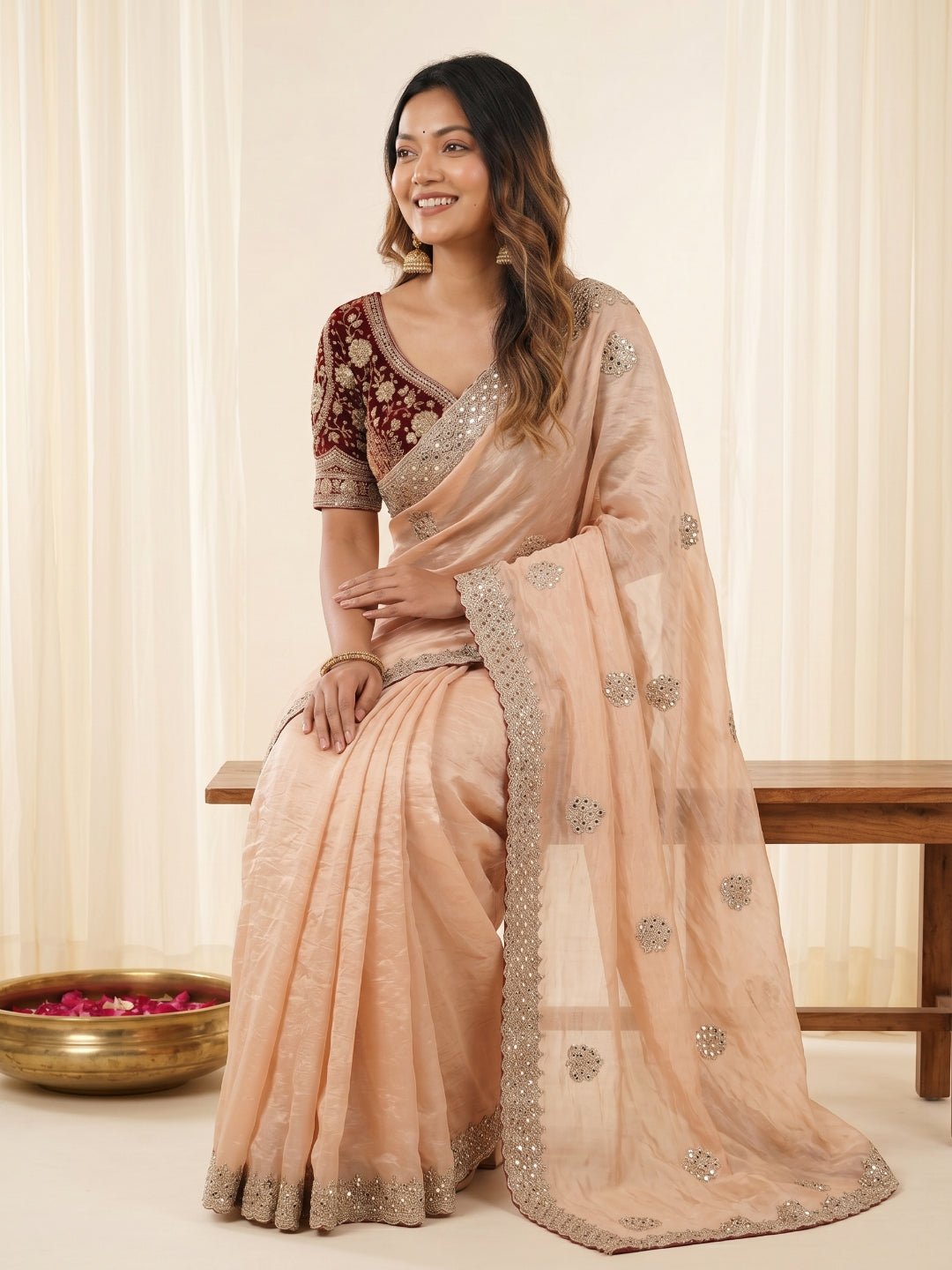 new launching c pallu embroidery work with sequences and cut work border