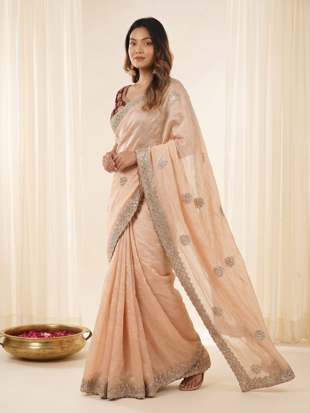 new launching c pallu embroidery work with sequences and cut work border