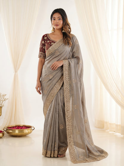 new launching c pallu embroidery work with sequences and cut work border